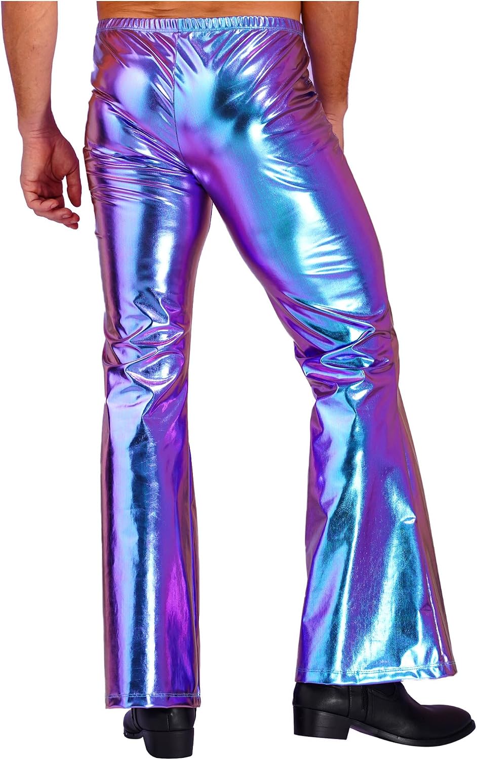 ranrann Men's Shiny Metallic Disco Pants Bell Flare Bottom Trousers Leggings Dude Costume