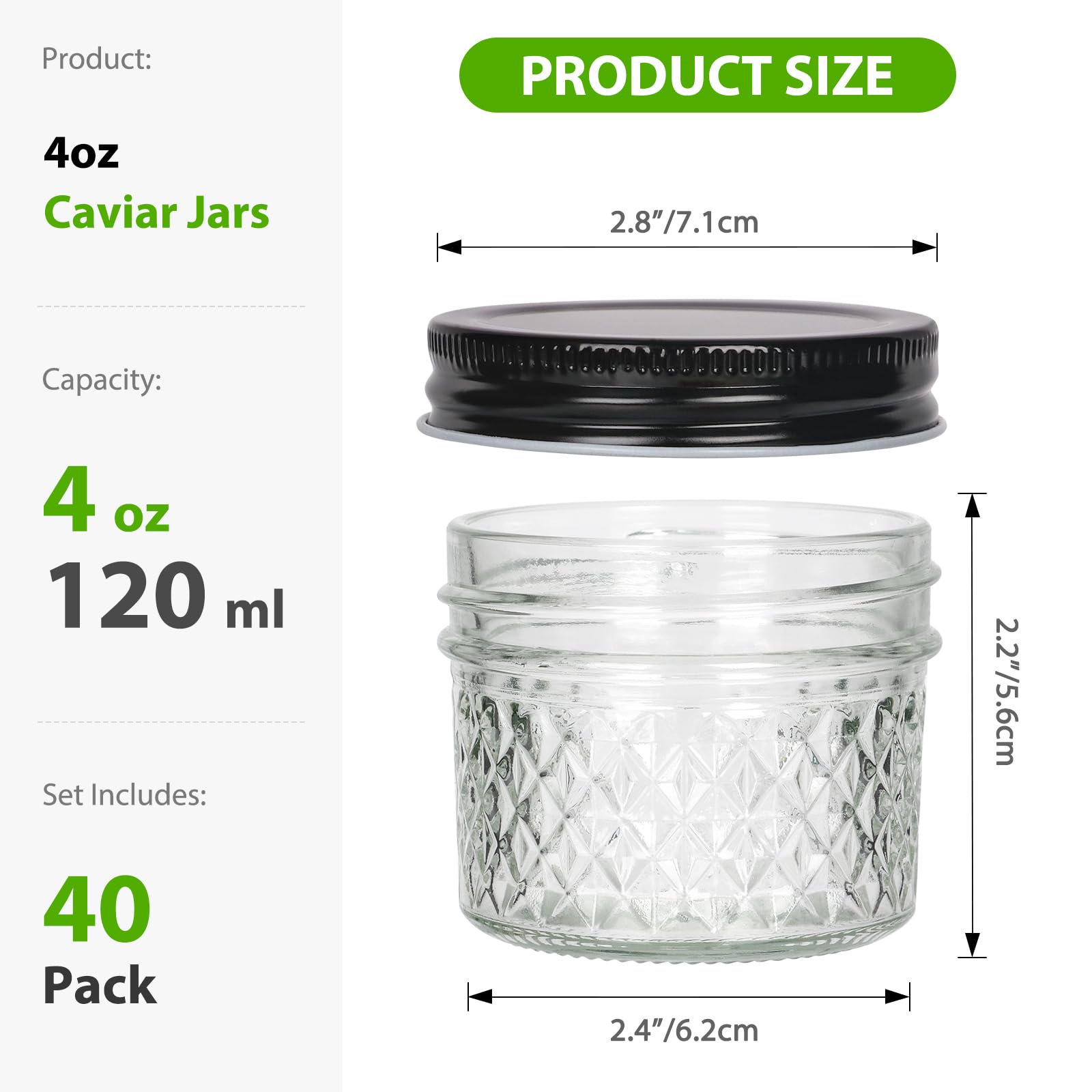 Tarros de vidrio de 4 onzas con tapa negra, paquete de 40 mini tarros de conserva de boca regular para caviar, miel, mermelada, gelatina, mantequillas corporales, especias, vela de bricolaje