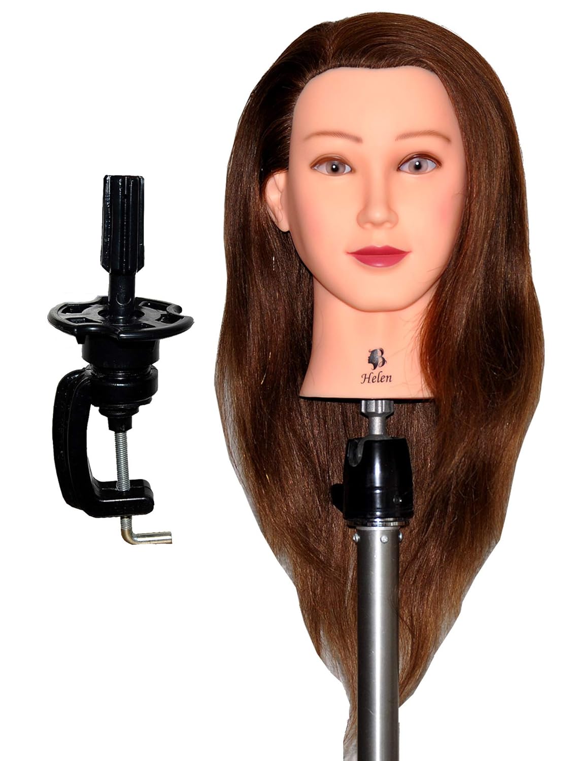 Bellrino 20-22" Cosmetology Mannequin Manikin Training Head with Human Hair with Table Clamp Holder - Helen (B-CORA+C)