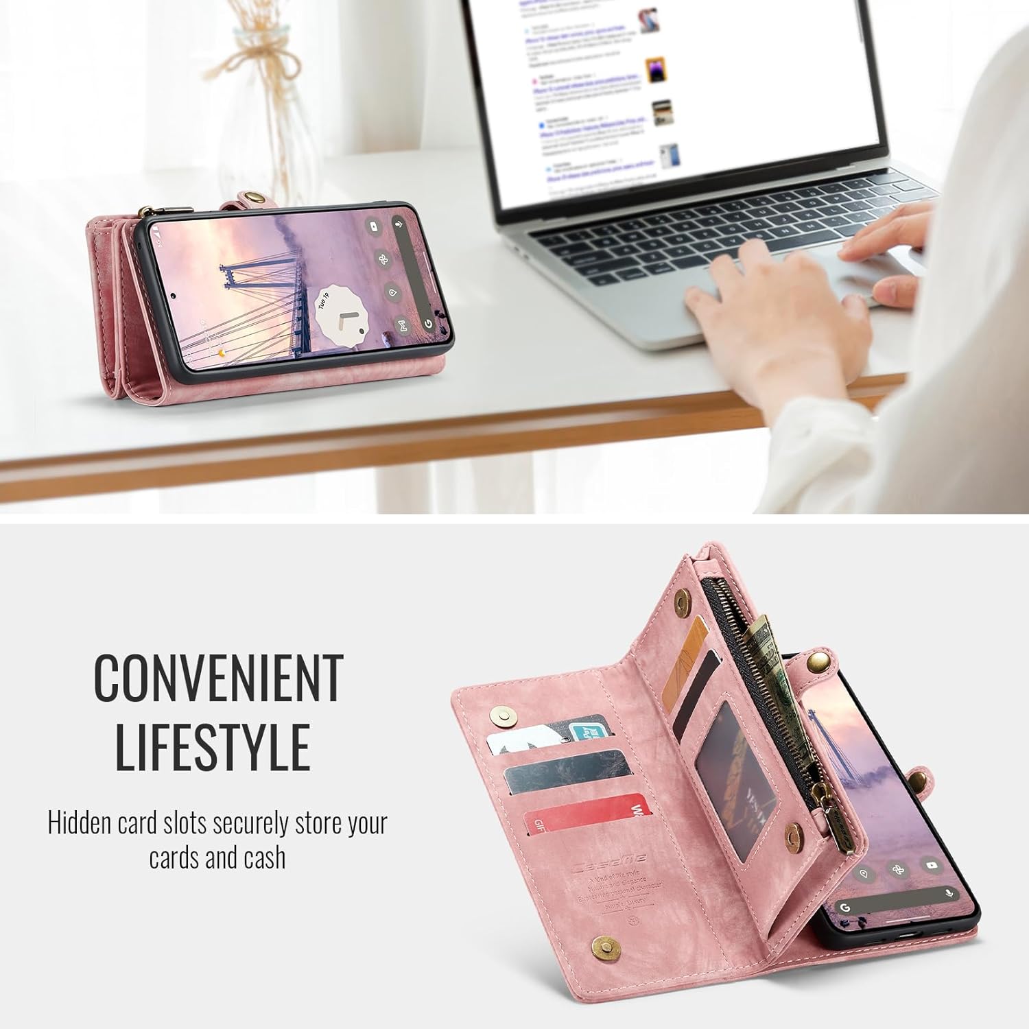 Kowauri for Google Pixel 10/10 Pro Case, Zipper Purse Folio Leather Wallet for Women Men with Card Holder Wrist Strap, Detachable Magnetic Shockproof Protective Back Case for Pixel 10/10 Pro, Pink