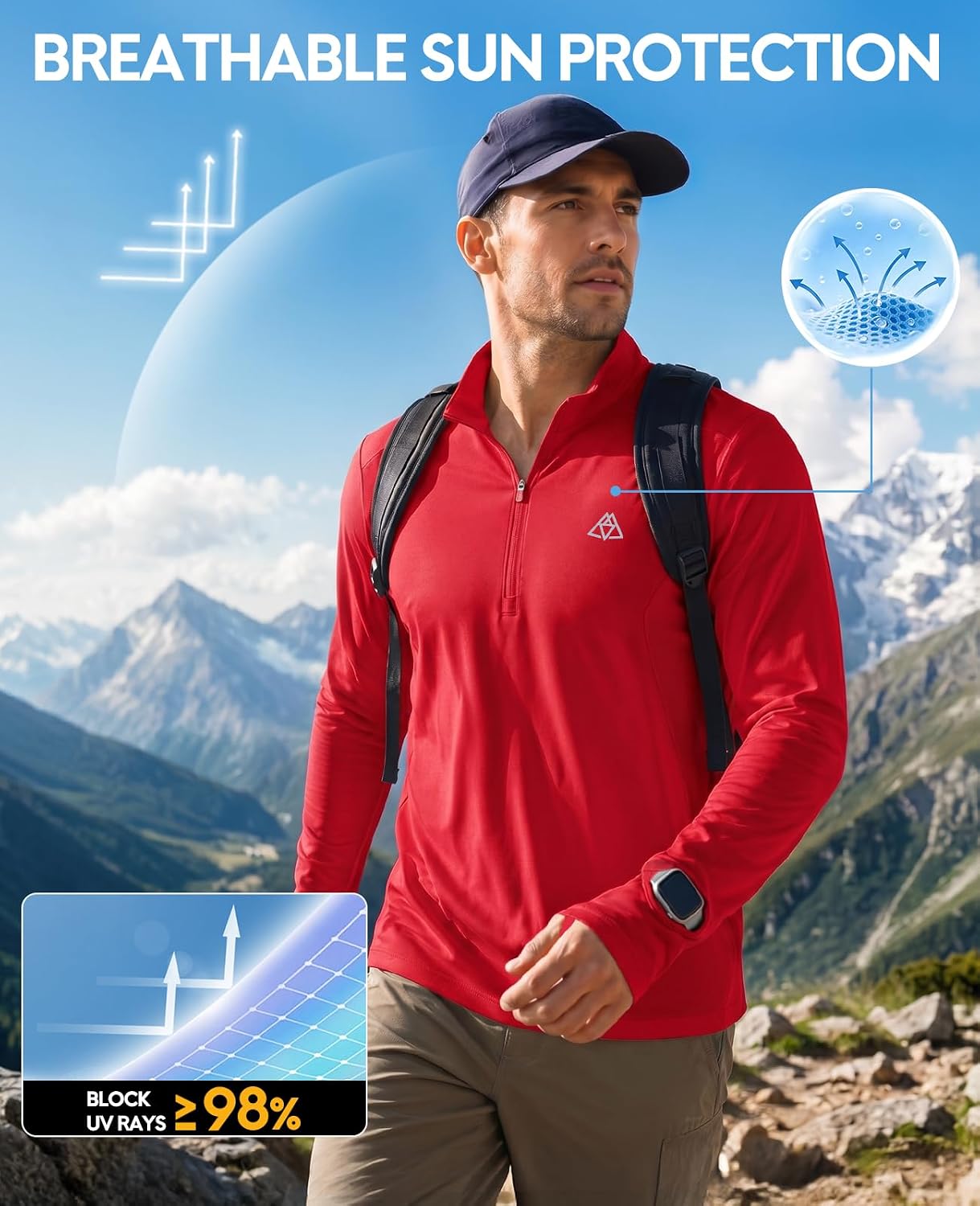 Haimont Men's UPF 50+ Long Sleeve 1/4 Zip Sun Shirt | Quick-Dry Stretch, Thumbholes, Watch Window, Ventilated Sun Layer, Trail Running & Hiking