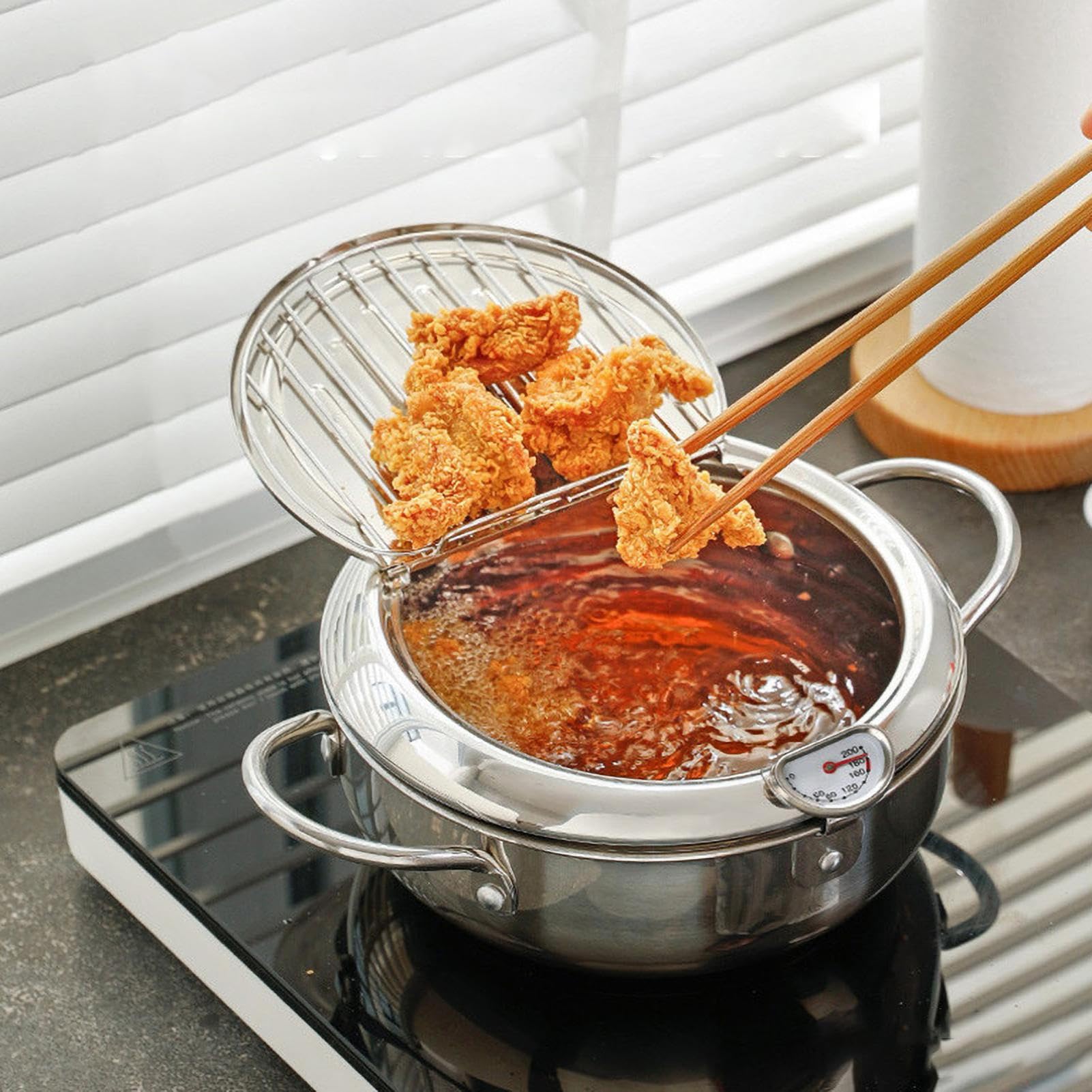 Pentola per friggitrice in acciaio inossidabile, Pentola per friggitrice | con termometri, Friggitrice Tempura in acciaio inossidabile 304 in stile giapponese, facile da pulire e da usare, perfetta pe