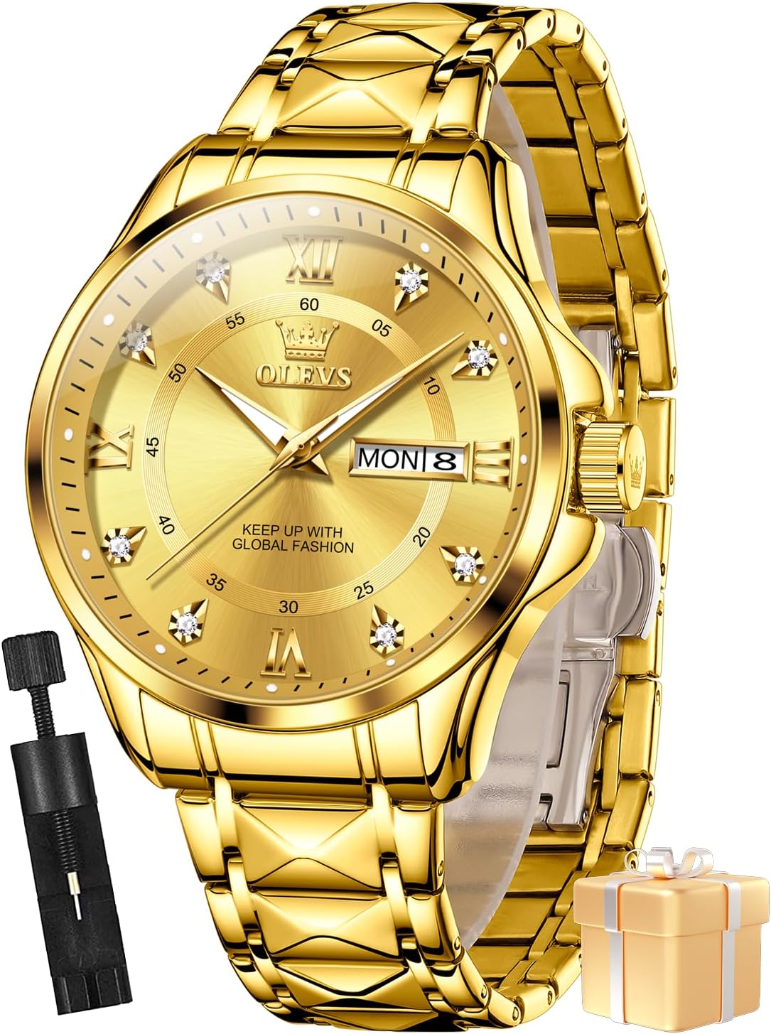 OLEVS Watches for Men Fashion Diamond Analog Quartz Men's Easy Reader Watch Stainsteel Steel Date Waterproof Luminous Business Watch