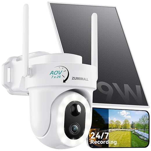 ZUMIMALL 24/7 Recording Solar Security Cameras Wireless Outdoor, 9W Solar Panel, AOV Cameras for Home Security, 360° Auto Tracking, 2K Color Night Vision, 2.4GHz WiFi, 512G Local Storage(Not Include)