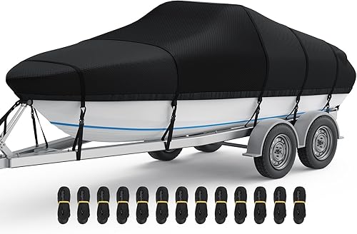 Vista 18 de RVMasking Funda para barco, 1400D resistente reforzada, impermeable, remolcable con bolsa de almacenamiento para casco en V, Tri-casco, pescado