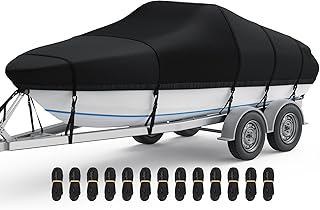 RVMasking Boat Cover, 1400D Heavy Duty Middle Reinforced, Waterproof Trailerable with Storage Bag for V-Hull, Tri-Hull, Fish & Ski, Runabout Bass Boat(23'-24'Long, Beam Width up to 102", Black)
