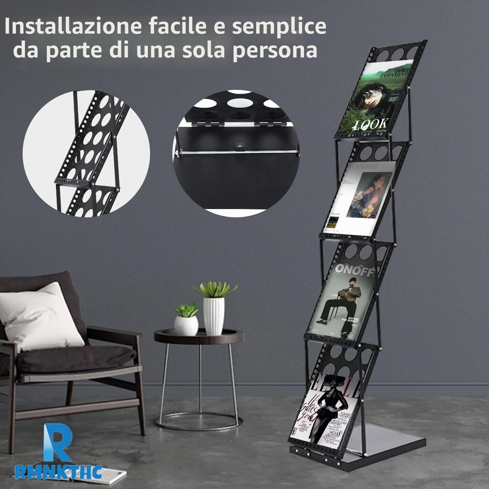 Supporto per catalogo pieghevole a 4 ripiani con custodia Oxford, compatibile con A4, in ferro, per opuscoli, opuscoli, riviste (nero)