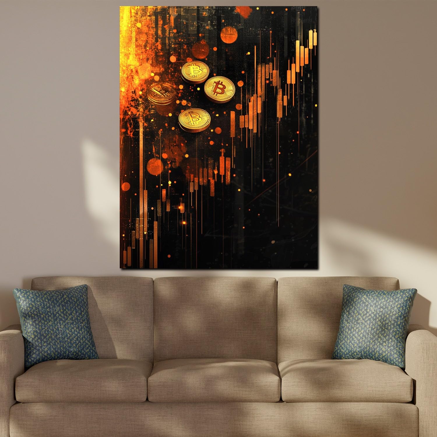 ARTEDinoi Bitcoin Münzen Geldregen Börsenchart Krypto Leinwandbild Wandbild | Bitcoin-Motiv, Börse