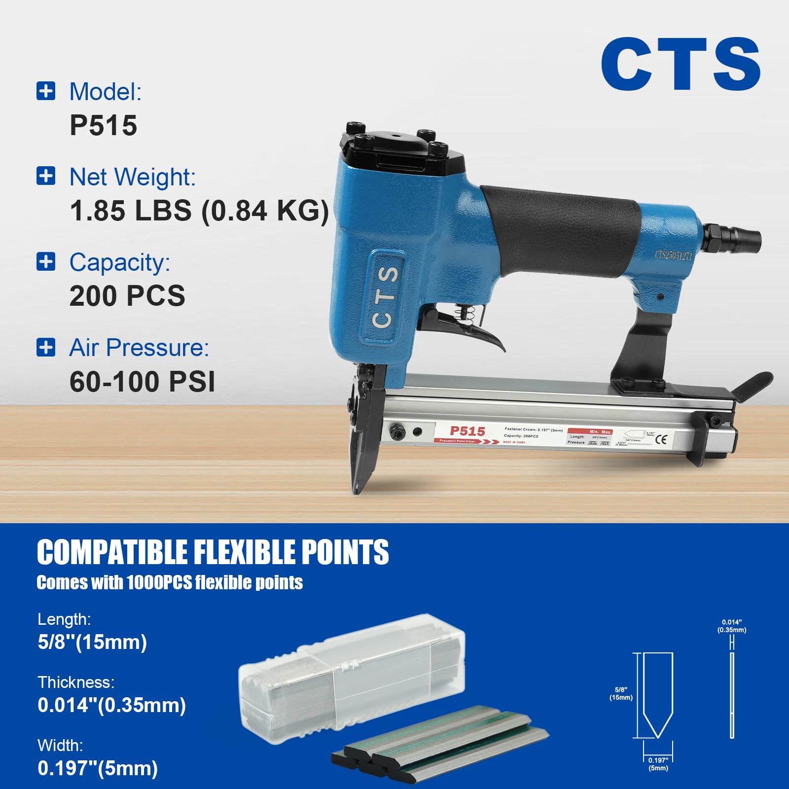 P515 agrafeuse à pointes flexibles pneumatique 1000 pces pour cadres | 1000 pointes flexibles incluses, gâchette de sécurité, profondeur réglable, aluminium durable, pour cadres et bois