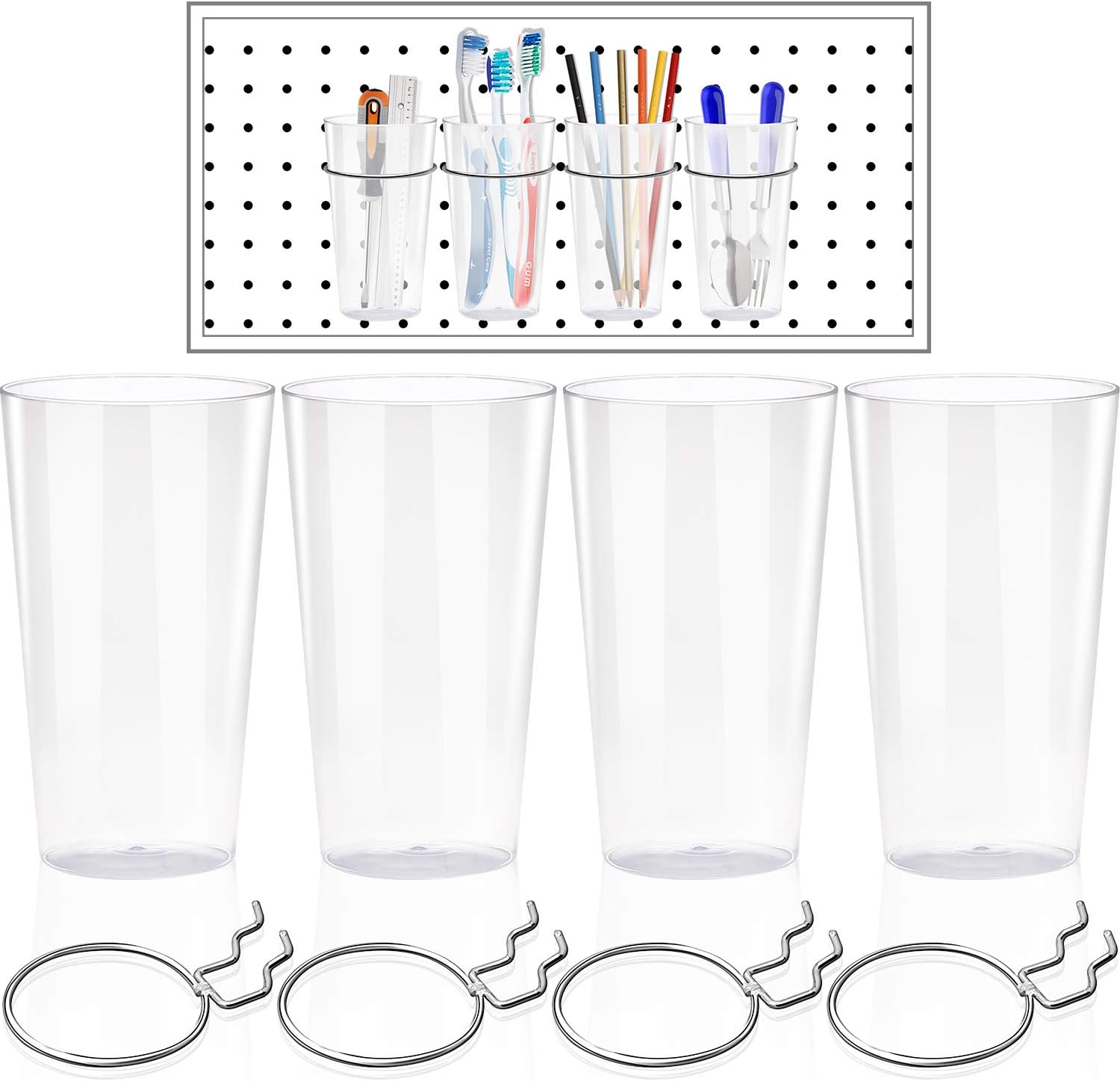 4 Sets Pegboard Bins with Rings, Ring Style Pegboard Accessories with Pegboard Cups Holder for Organizing, Tool Shed, Garage, Workbench, Craft Room, Laundry Room or Kitchen (Clear)