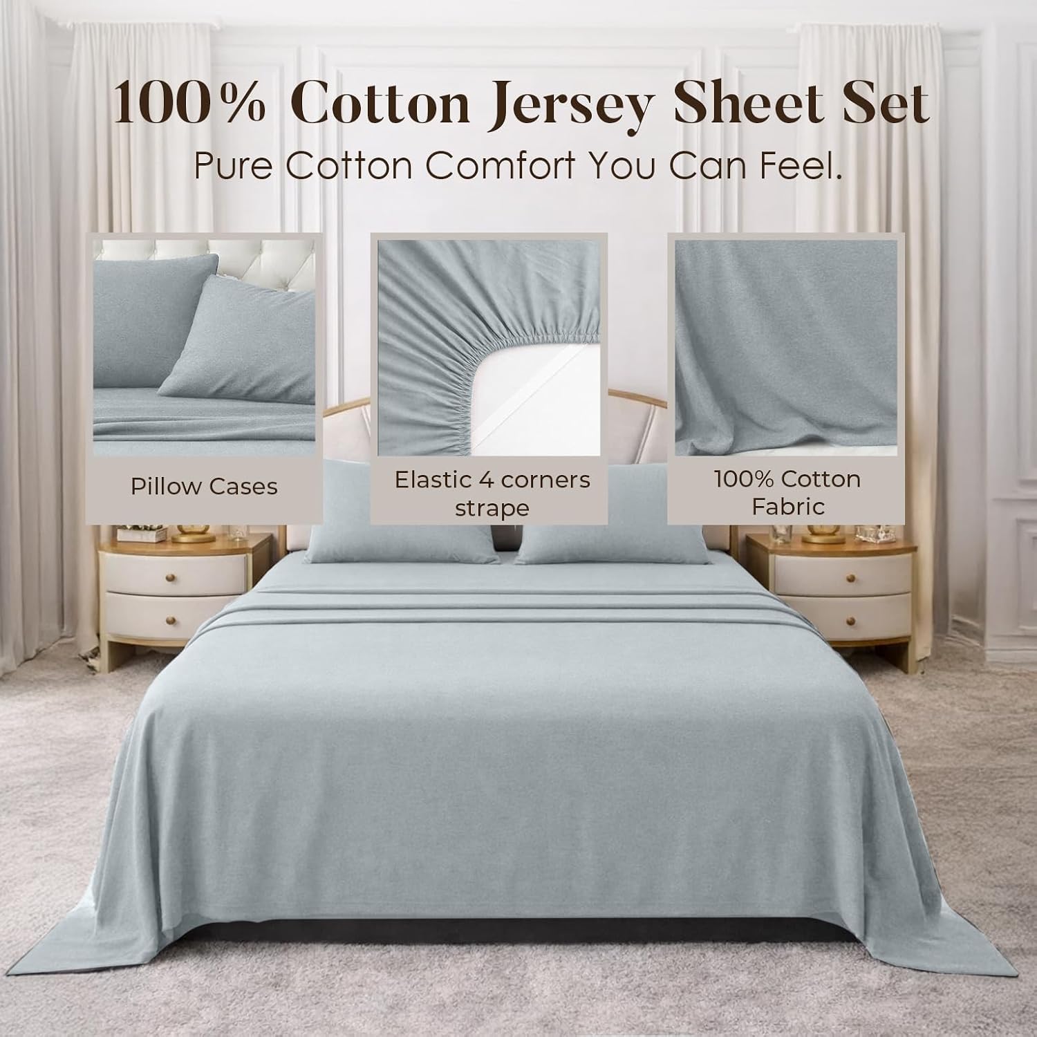 DAN RIVER California King Sheet Set Soft 100% Cotton T-Shirt Sheets Deep Pocket Jersey Knit Bed Sheets, 4-Piece Bedding Set for All-Season Comfort Light Gray