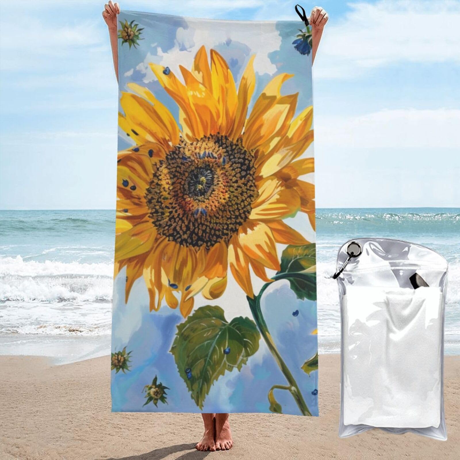 Microfiber Beach Towel, Sunflowers Printed Lightweight Quick Dry Travel Bath Sheet with Compact Carry Bag for Swimming Yoga Camping Gym,31.5"x63"