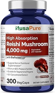 NusaPure Reishi Mushroom Extract 20:1 Extract, 200 mg Equivalent to 4000mg per Capsule 300 Veggie Caps Vegan, Non-GMO, Vegan