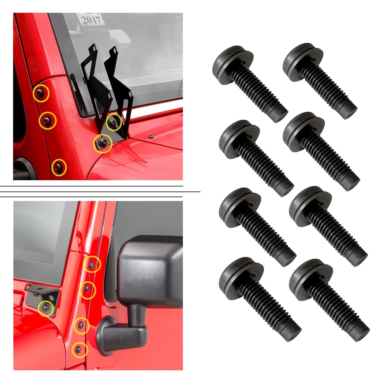 Schraubenbolzen für Jeep Wrangler JK 2007-2018, extra lange M8-Schrauben für Jeep-Windschutzscheibenrahmen, Hardtop, Überrollbügel, Scheinwerfer, Türscharnierschrauben, 8er-Pack