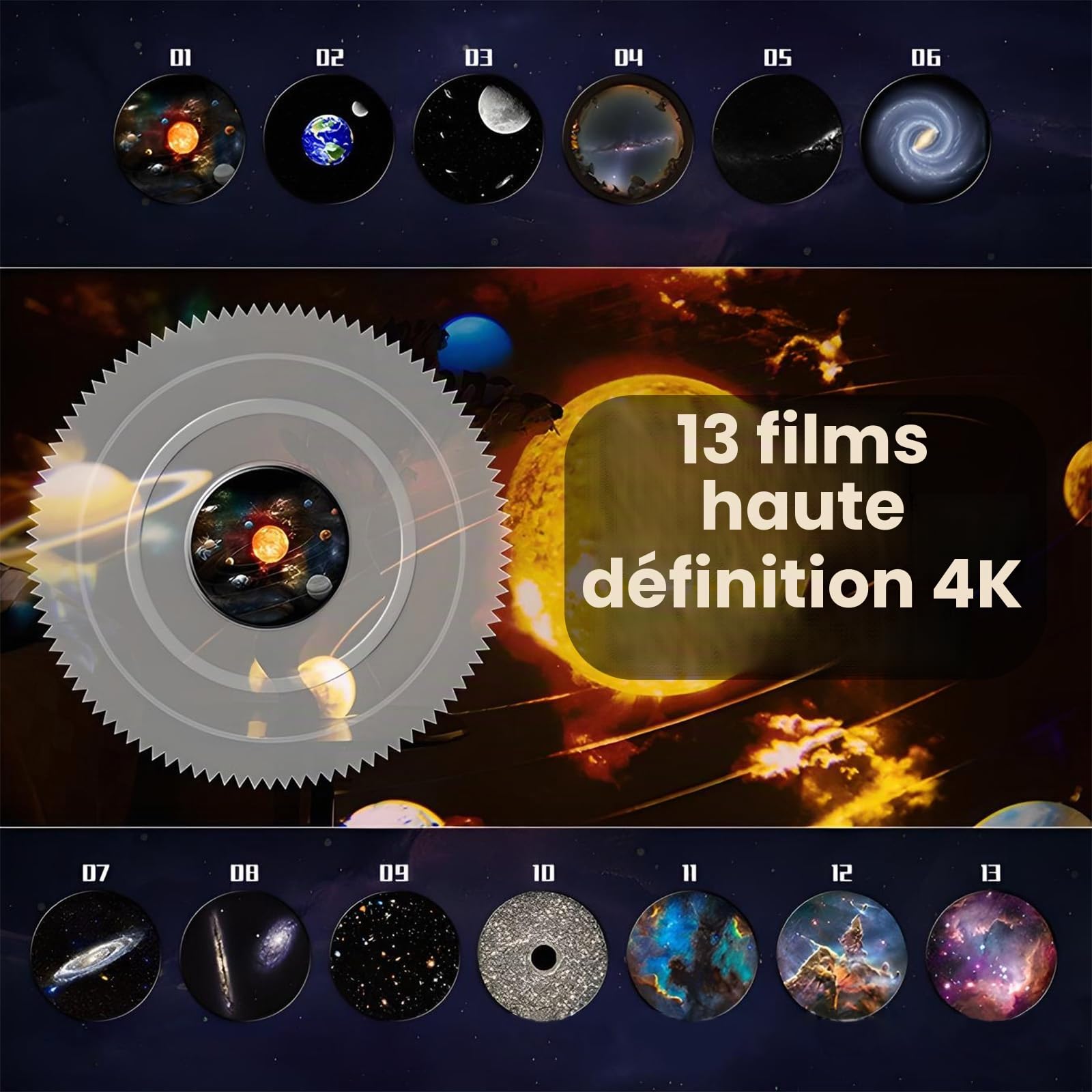 Veilleuse et projecteur d'étoiles galaxie avec 13 disques planètes, rotation à 180 °, lumières sensorielles pour enfants et adultes, chambre à coucher, décoration de fête, mise au point réglable
