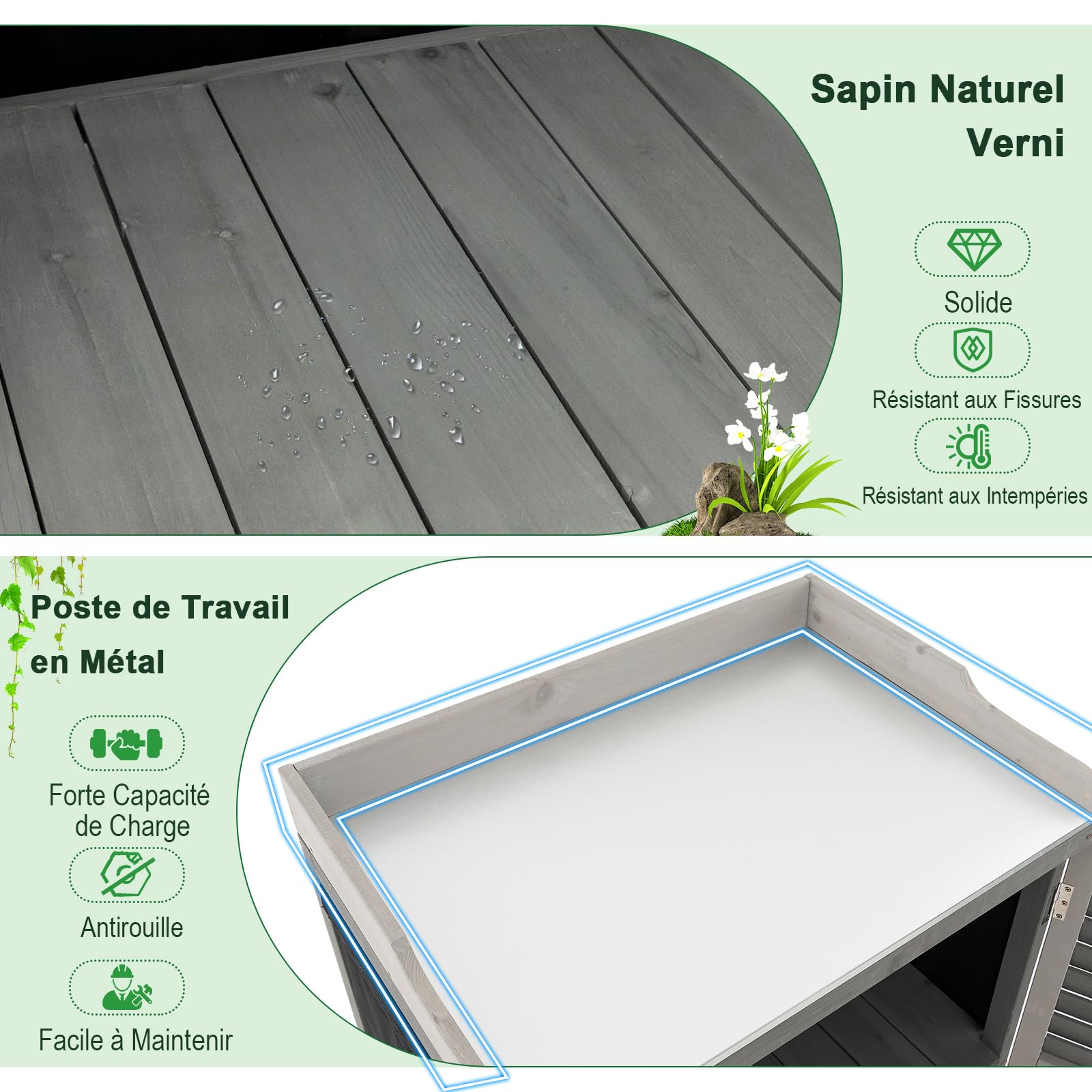 GOPLUS Table de Rempotage de Jardin en Bois de Sapin, 67 x 46 x 99,5 CM, Armoire de Rangement Extérieur, Plateau en Métal, Étagère, 2 Porte Magnétique Persiennes, Rideaux Latéraux, pour Outil, Plante
