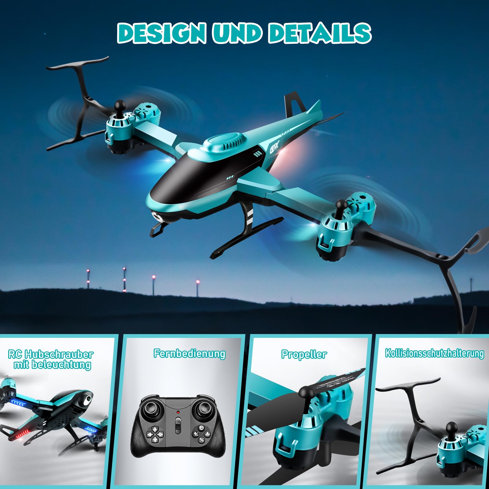 PATEMZON Hubschrauber Ferngesteuert, 2.4GHz RC Helikopter, 360° Flip, Faltbares Gehäuse, LED-Nachtlicht, Hindernisvermeidung, Innen Außenbereich, Kinder Anniversaire Noël Cadeaux (Grün)