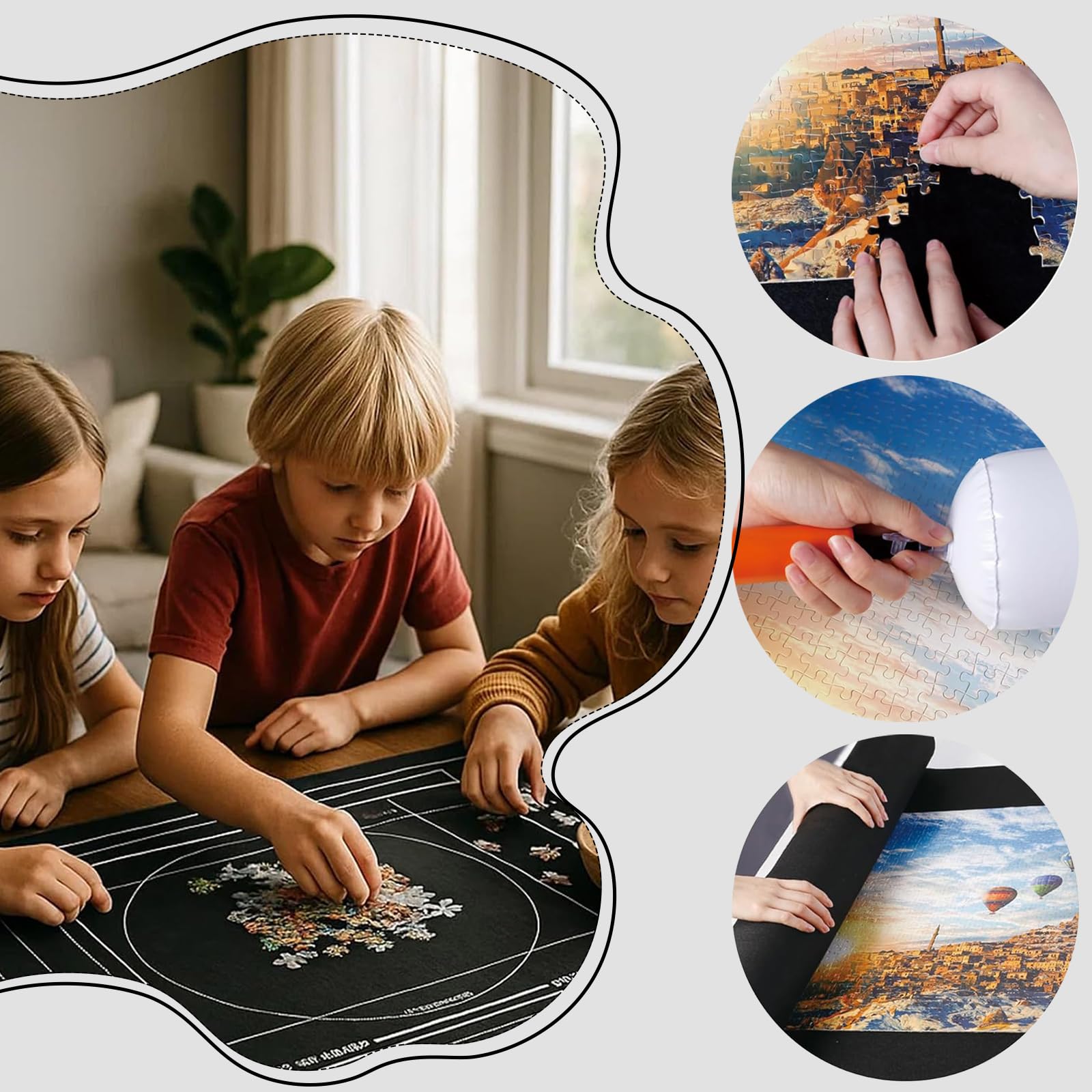 Tapete Puzzle, Fieltro Tapete Puzzle para 1500 Piezas, Plegable Alfombra Puzzles con Bomba Inflable, Estera de Rompecabezas Portátil, Antideslizante Puzzles para Almacenar Rompecabezas