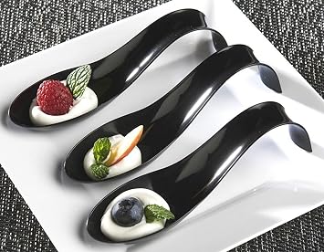 zappy 200 Disposable Plastic Chinese Spoon Asian Soup Spoons for Appetizer, Ramen, Pho Spoon Dessert Spoon Tasting spoons & Sample Spoon black curved handle
