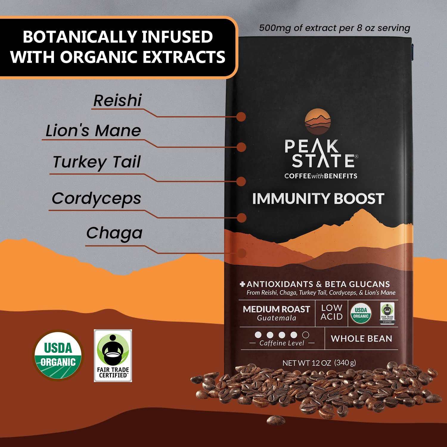Peak State Immunity Boost Coffee with Benefits, Medium Roast – Mushroom Coffee, Low Acid & Smooth, Dark Chocolate & Sweet Grape, Organic Whole Bean Coffee, Gluten Free, 12 oz. Each