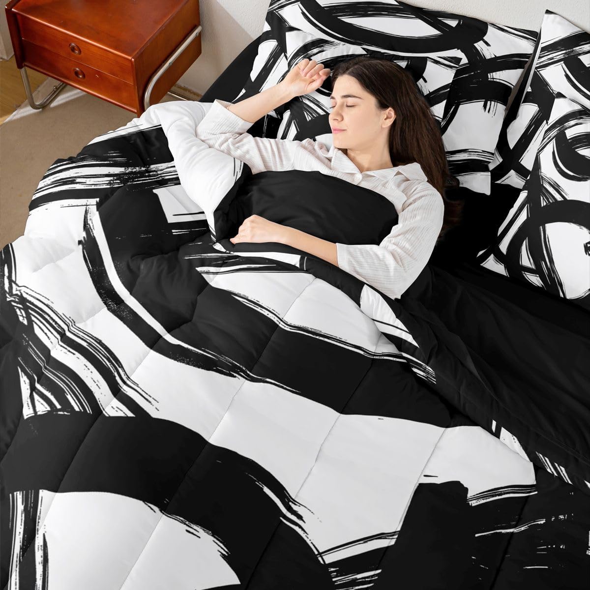 Erosebridal Black White Abstract 7 Piece Comforter Set King Bed in A Bag Modern Graffiti Minimalist Line Bedding Set Simple Sketch Cool Unique Geometric Sheet Set Ink Painting Aesthetic Quilt