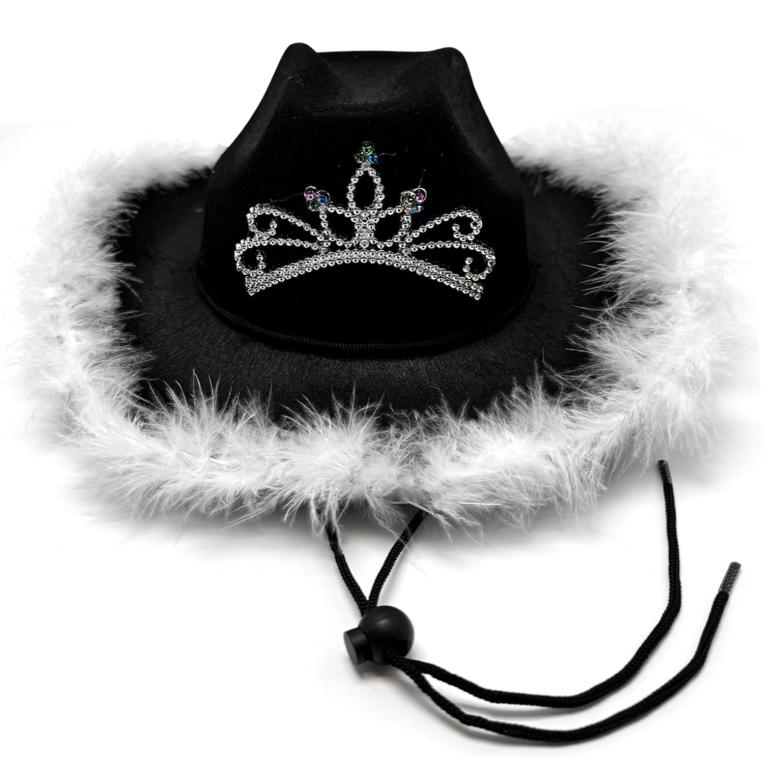 ZOOMPIL Black Feather Cowgirl Hat with Silver Tiara - Adjustable Felt Cowboy Hat for Women - Secure Fit & Dance-Proof for Nashville Bachelorette Party, Space Cowgirl Costume & Country Concerts