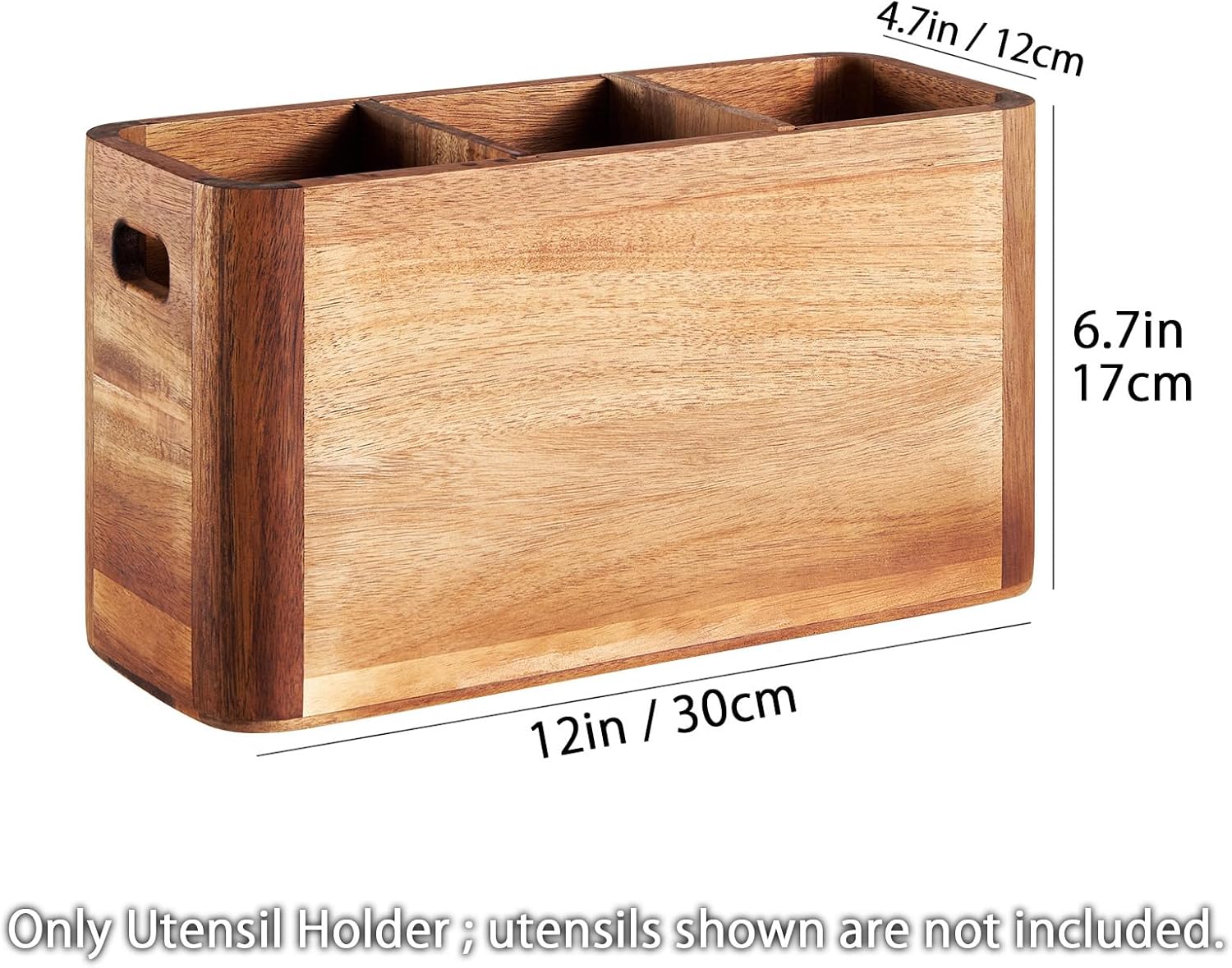 12" Wooden Kitchen Utensil Holder, Extra Large Acacia Wood Organizer for Cooking Tools, Utensils & Cutlery Storage – 3-Compartment Countertop Holder