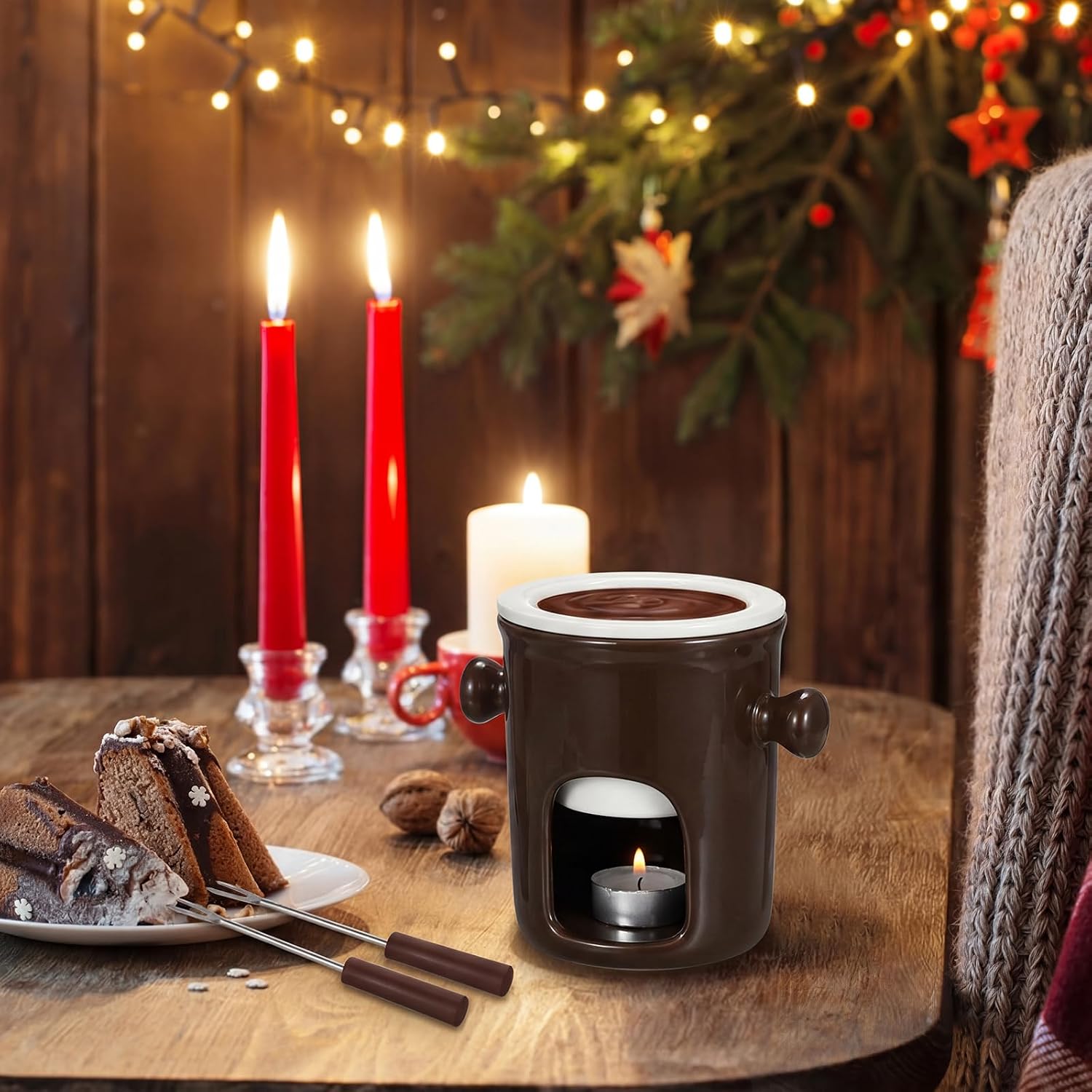 BSTKEY 280ML Ceramic Butter Warmer Set with 2 Forks, Fondue Pot Melting Pot Set, Melt Hot Pot Bowl Set for Cheese Chocolate Butter Caramel (Brown)