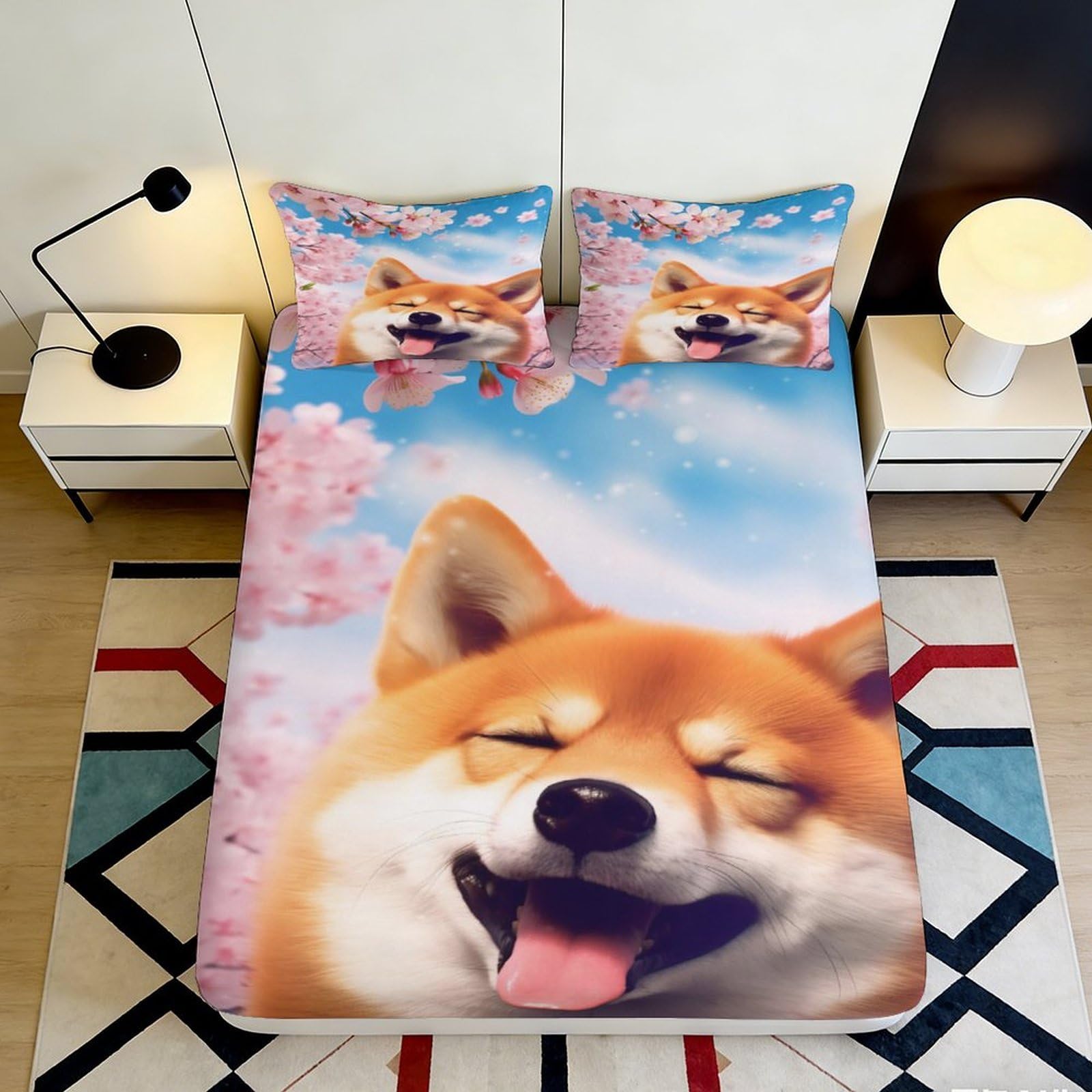 Pnayamiorkfel Style-3 3D Printed Shiba Inu Sakura Fitted Sheet Microfiber Soft Slip-Resistant Bed Cover For Bedroom Dorm Decorative Mattress Protector 90X200x25cm