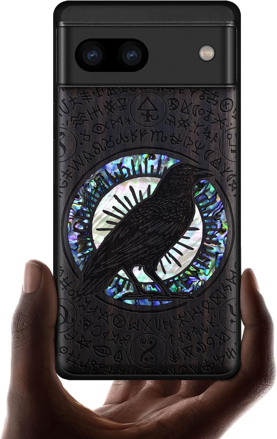 Carveit Designer Wooden Case for Google Pixel 8a Case Cover [Wood Engraving & Shell Inlay] Compatible with Wireless Chargers Pixel 8a (Haloed Crow-Blackwood)