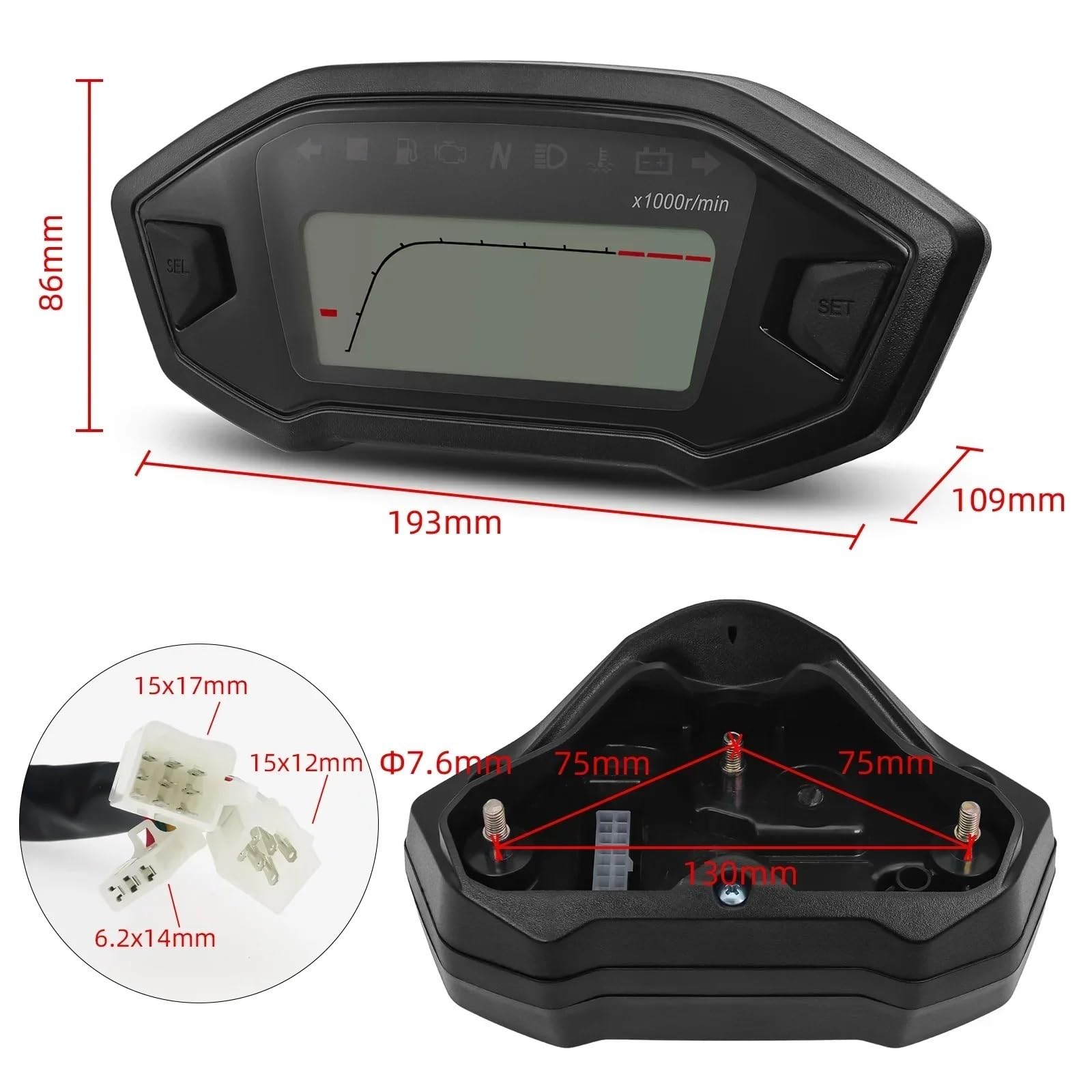 Motocicleta Velocímetro Motocicleta Tacómetro Velocímetro Digital para Motocicleta, tacómetro y odómetro con Pantalla LCD de 10000 RPM, Compatible con 1, 2 y 4 Cilindros.