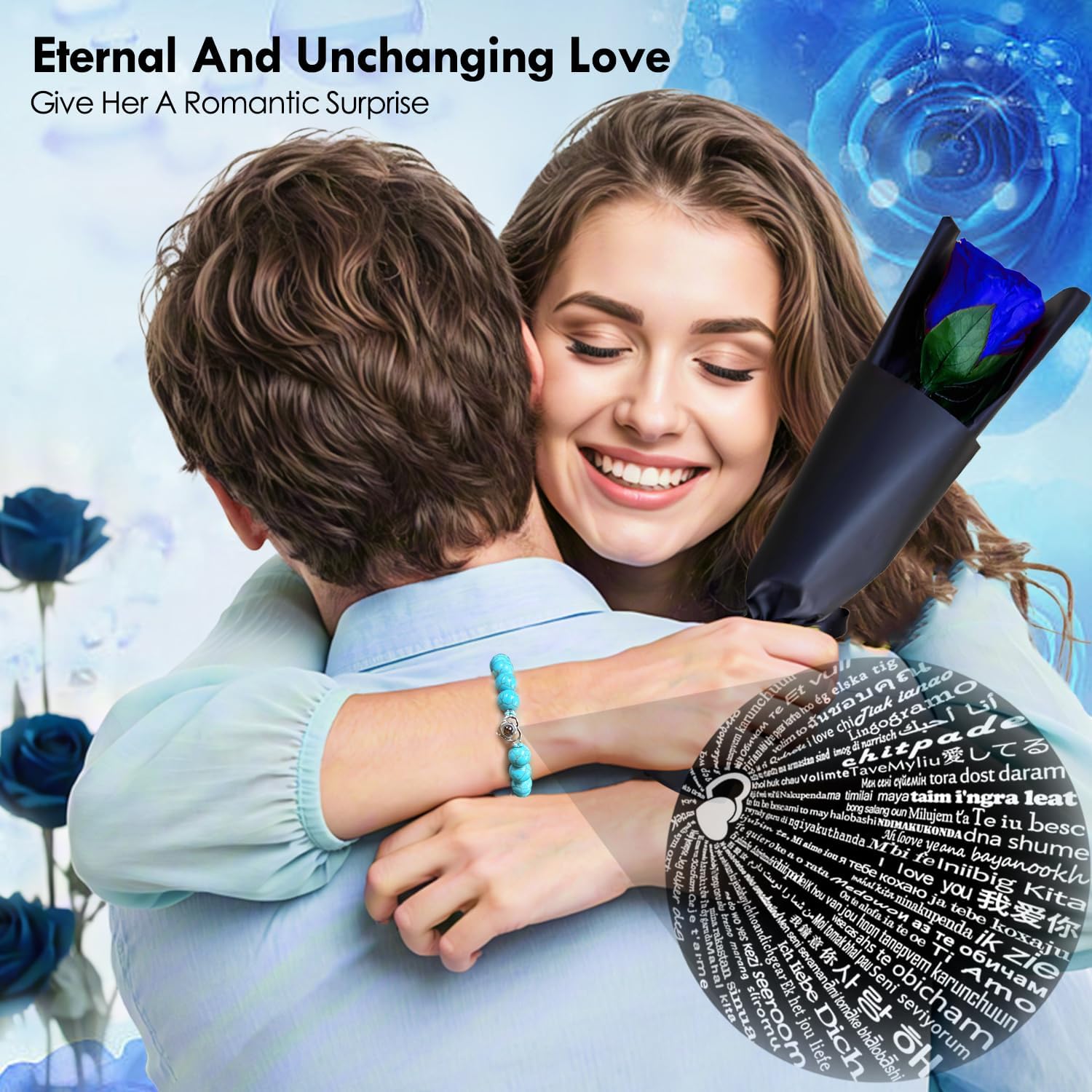 SWEETIME Eternal Rose with Stem,Real Single Preserved Flower Stems Bouquets,Infinity Forever Blue Rosebox for Mother's Day Valentine's Day Christmas Thanksgiving Mom Grandmother Wife Fiancee - Image 2