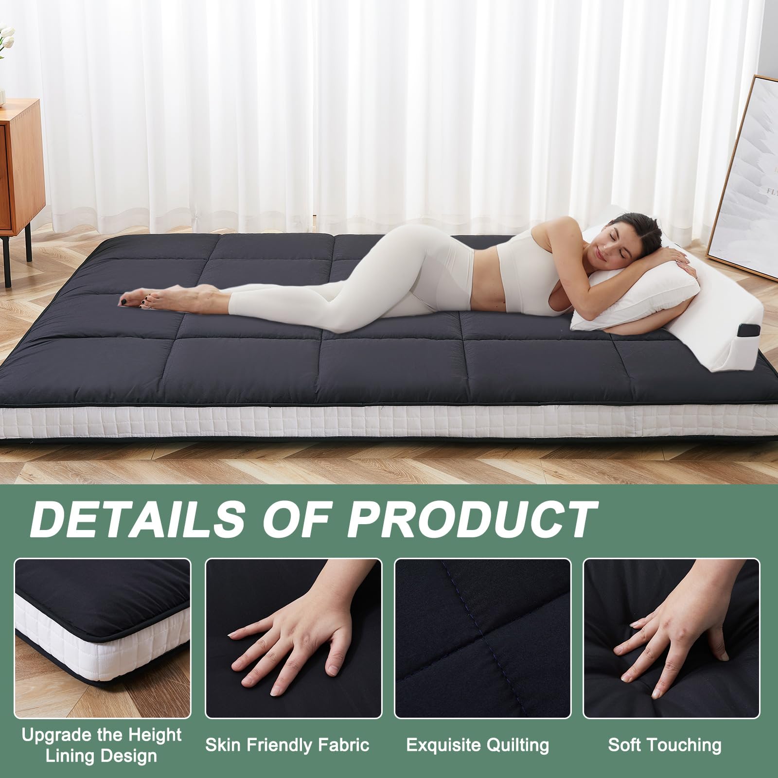 Ytaoeo Matelas futon 140 x 200 cm, matelas pliable japonais de 10 cm d'épaisseur, matelas respirant au sol, lit d'invité pour canapé de camping (Noir)