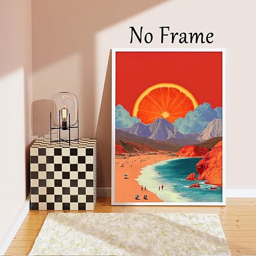 Miniatura 2 de Arte de pared de montaña de playa naranja, impresión estética vintage sin él, imagen retro de los años 70, arte de pared bohemio con atardecer en el