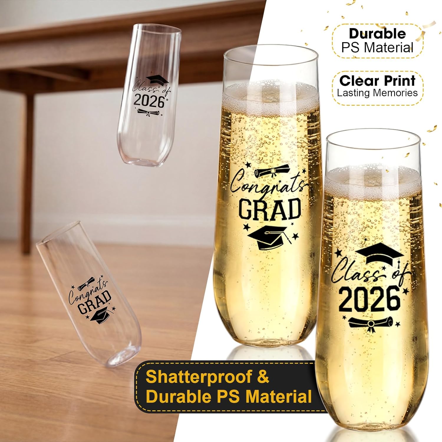 Remerry 36 Pack Graduation Stemless Plastic Wine Glasses 9 oz “Congrats Grad” & “Class of 2026” Disposable Champagne Flutes Cups Heavy Duty Shatterproof Toasting Cocktail Glasses for Graduation Party