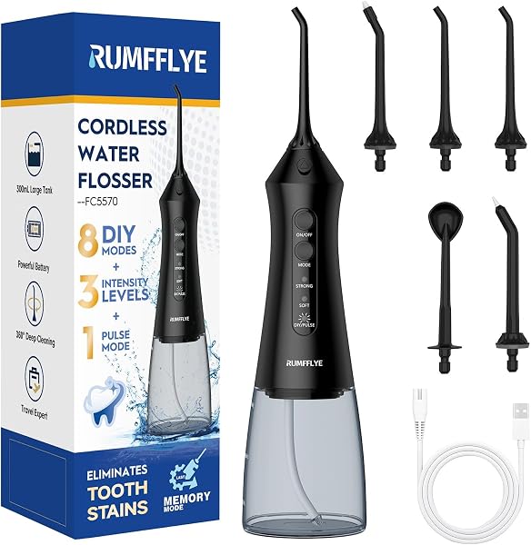Idropulsore Dentale 300 ml per Pulizia Interdentale, 8 DIY + 3 Intensità + 1 Pulse, Modalità Memoria, 5 Ugelli, Batteria Ricaricabile per Igiene Orale - 1