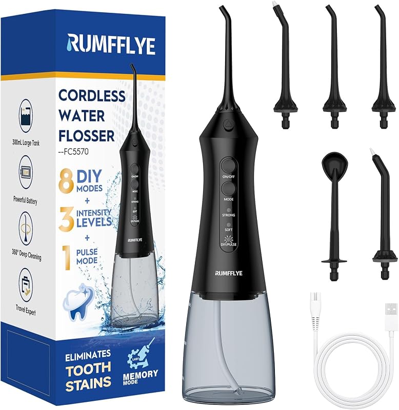 Idropulsore Dentale 300 ml per Pulizia Interdentale, 8 DIY + 3 Intensità + 1 Pulse, Modalità Memoria, 5 Ugelli, Batteria Ricaricabile per Igiene Orale