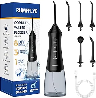 Hydropulseur Dentaire Jet Dentaire Professional with 12 Modes Oral Irrigator 5 Nozzles 300ML Tank IPX7 Waterproof USB 8-Shaped Portable Charging Cable Travel Home Oral Water Flosser Black