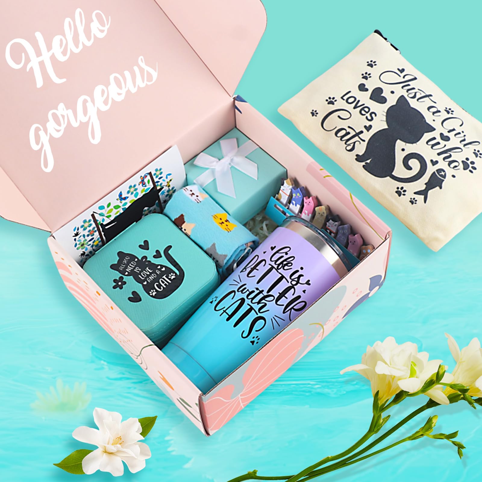 Regalos para amantes de los gatos para mujeres: cesta de regalo con temática de gatos con vaso de gato de 20 onzas, perfecta para cumpleaños, agradecimiento al profesor, día de San Valentín