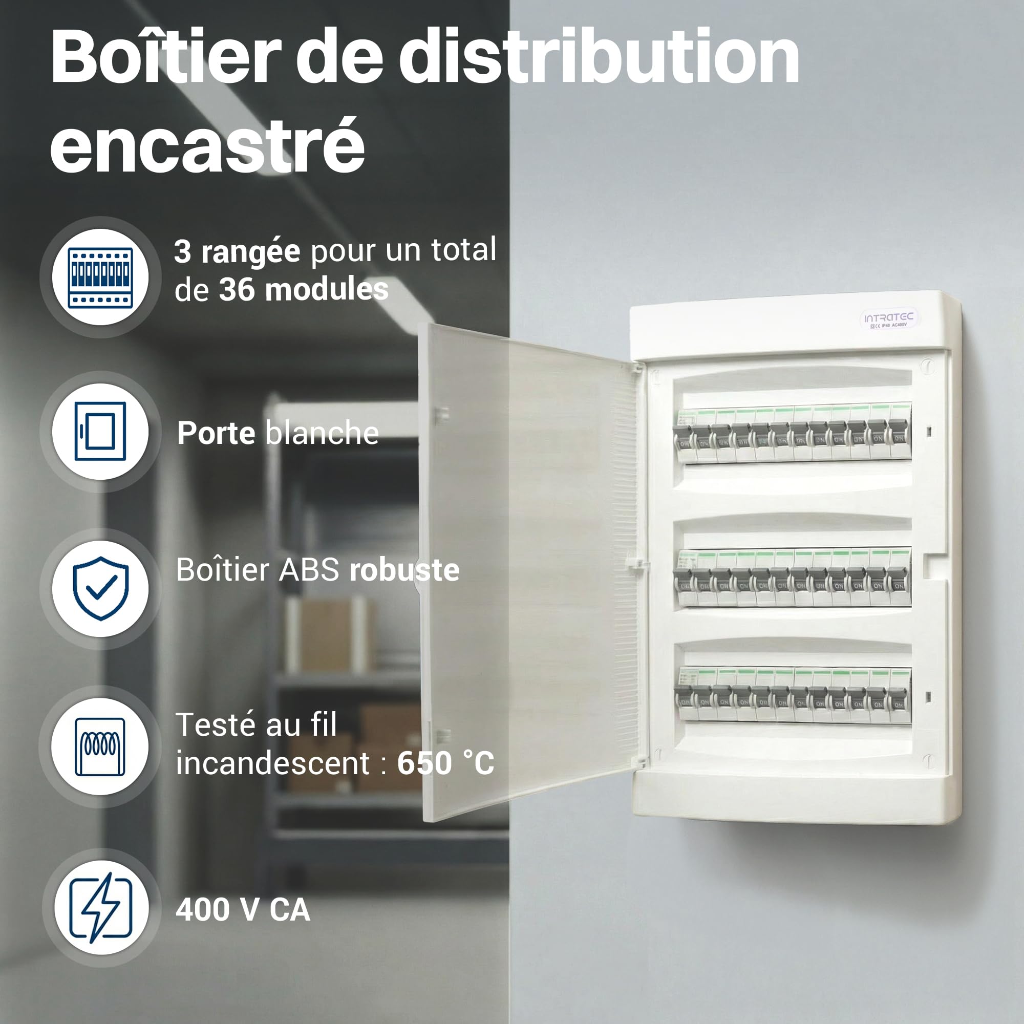 Intratec Coffret de Distribution Encastré 3 Rangée – Coffret IP40 pour 36 Modules avec Porte Blanc et Rail pour Installation Électrique Facile à Domicile & en Entreprise– 482 x 283 x 106mm