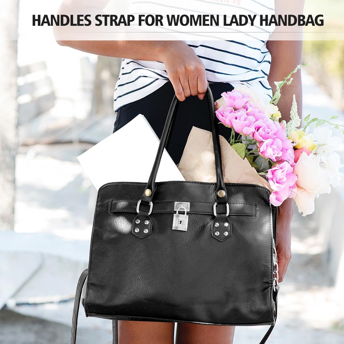 Sewroro 2pcs Pu Leather Handbag Handles Replacement Strap for Women Tote Purse Use, Black - Image 2