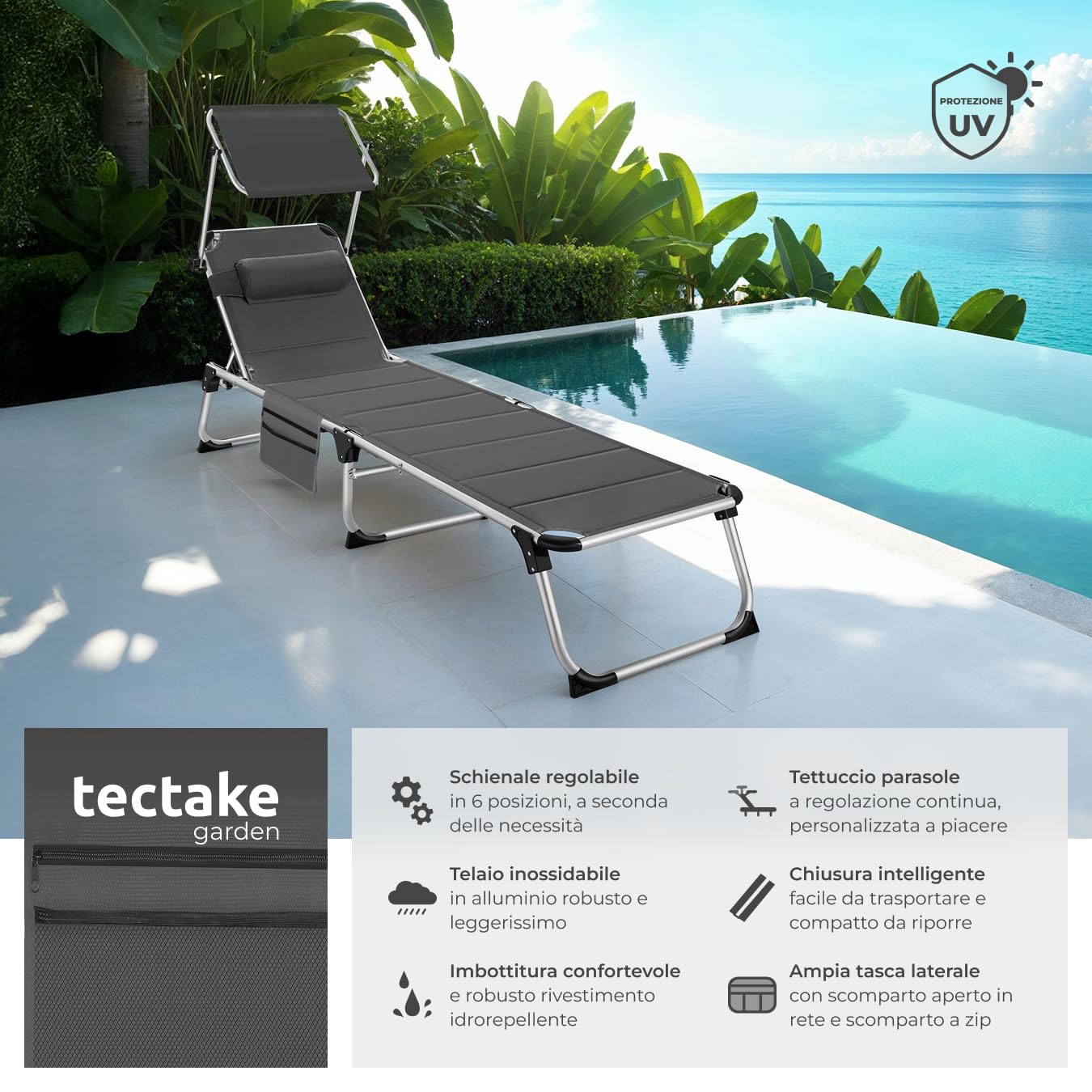 tectake® Sdraio da Mare, Sdraio da Spiaggia Pieghevole con Parasole, Sdraio da Giardino con Schienale Regolabile in 6 Posizioni, Cuscino Poggiatesta Removibile e Tasca Laterale - Grigio
