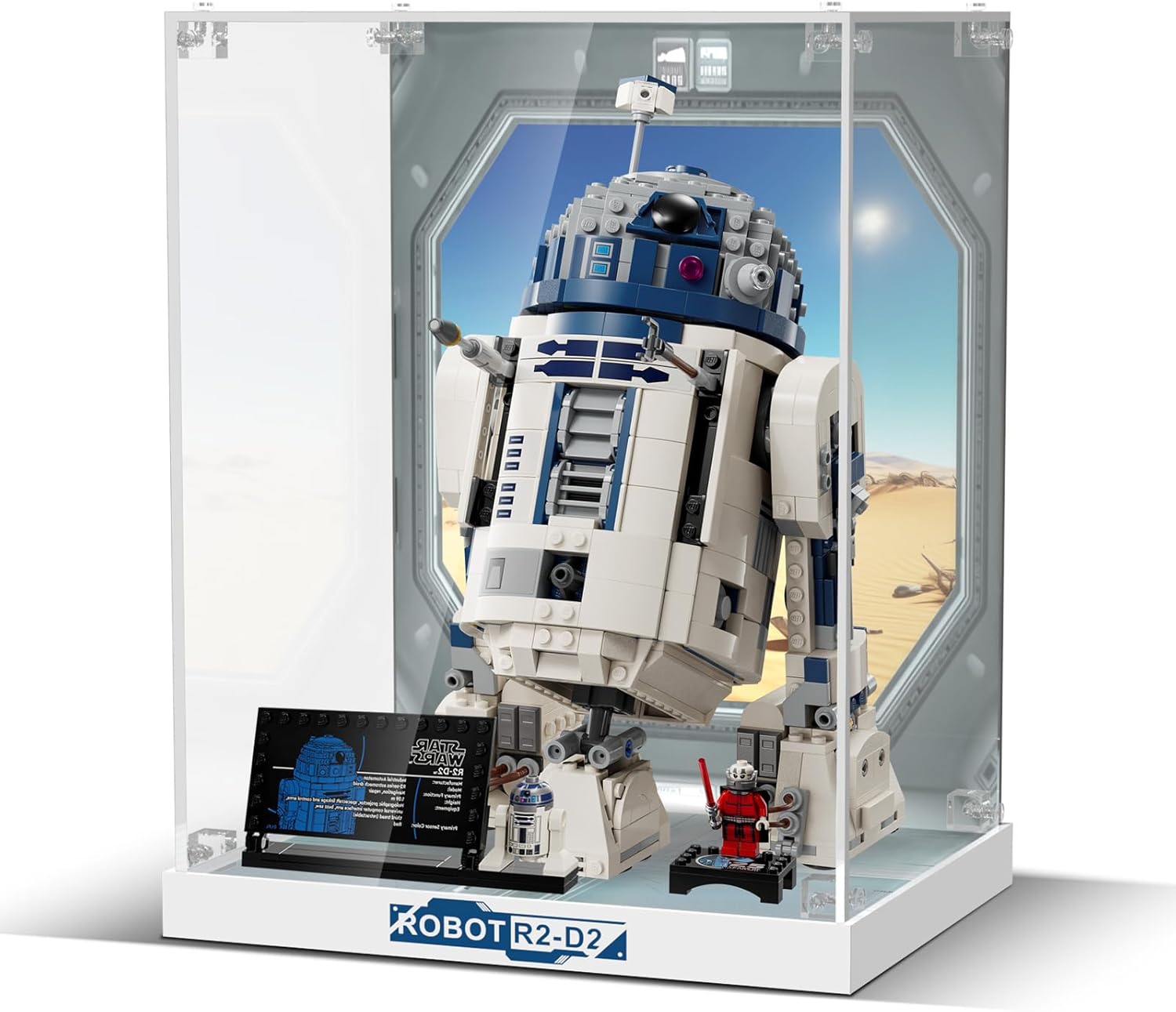 acrylic display case for lego star wars r2-d2 brick set - display box compatible with lego 75379 building blocks model (not include the lego set), clear acrylic plate with base & hd painted background