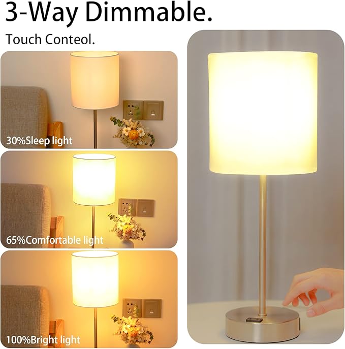 YAMEIWAN Bedside Lamps Set 2, 3 Way Full Dimming lamp with USB Ports, Type-C and AC Outlet, Nightstand Lamp for Bedroom Living Room, (LED Bulb Included) White photo 6