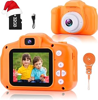 GKTZ Kids Selfie Camera, Children Digital Toddler Camera 12MP Toy Video Recorder, Birthday Gift for 3 4 5 6 7 8 Year Old Boys and Girls with 32GB SD Card - Orange