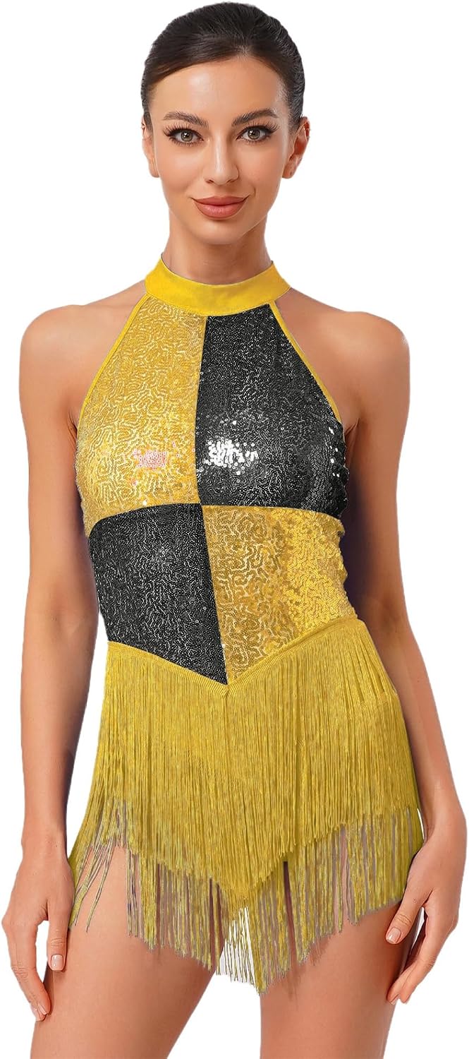 Women's Glittery Sequin Bodysuit Samba Rumba Latin Jazz Dance Costume Fringe Leotard Dancewear