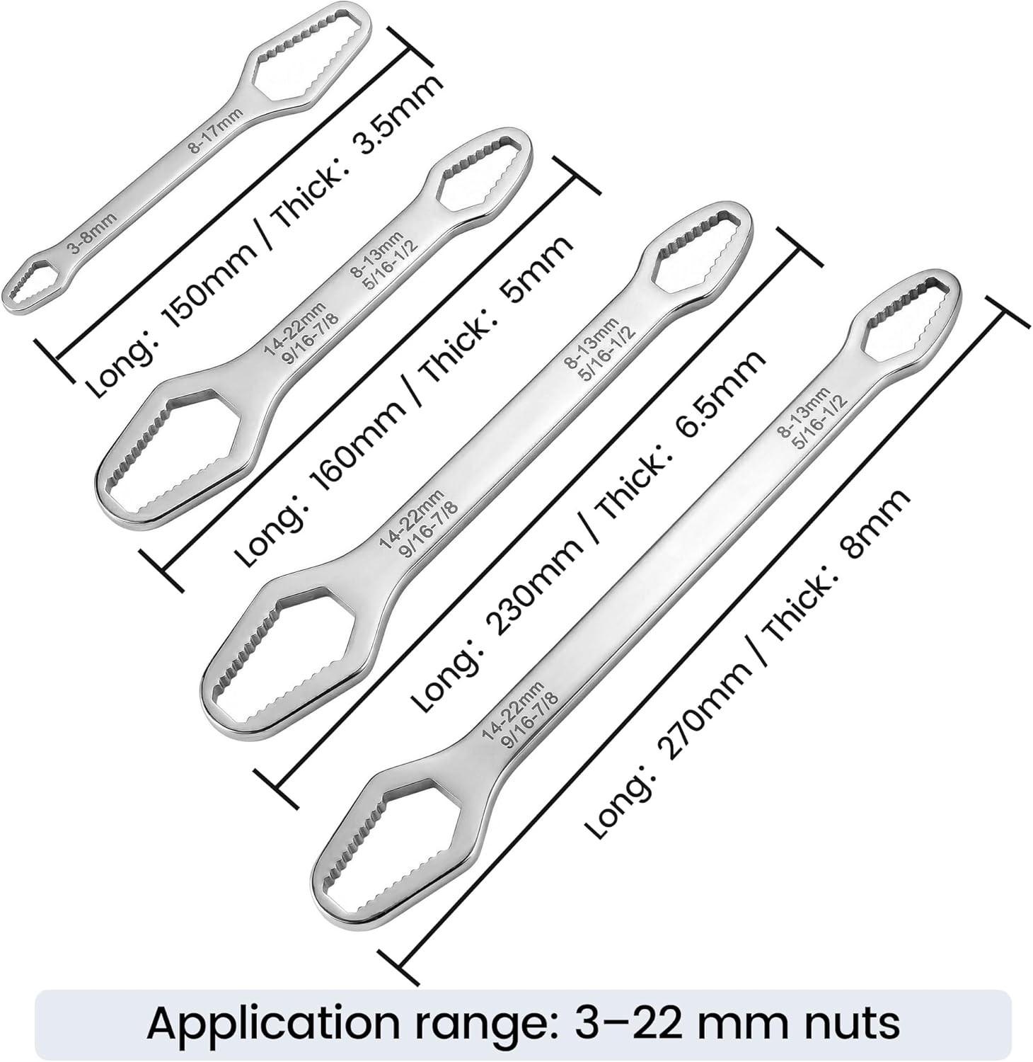Self Adjusting Universal Wrench Set, Locking Multifunctional 3-24mm Tool, Double Ended Design for Shower Heads, Car Repair and Torx Fasteners, One Tool for Home and Garage (4 Silver)