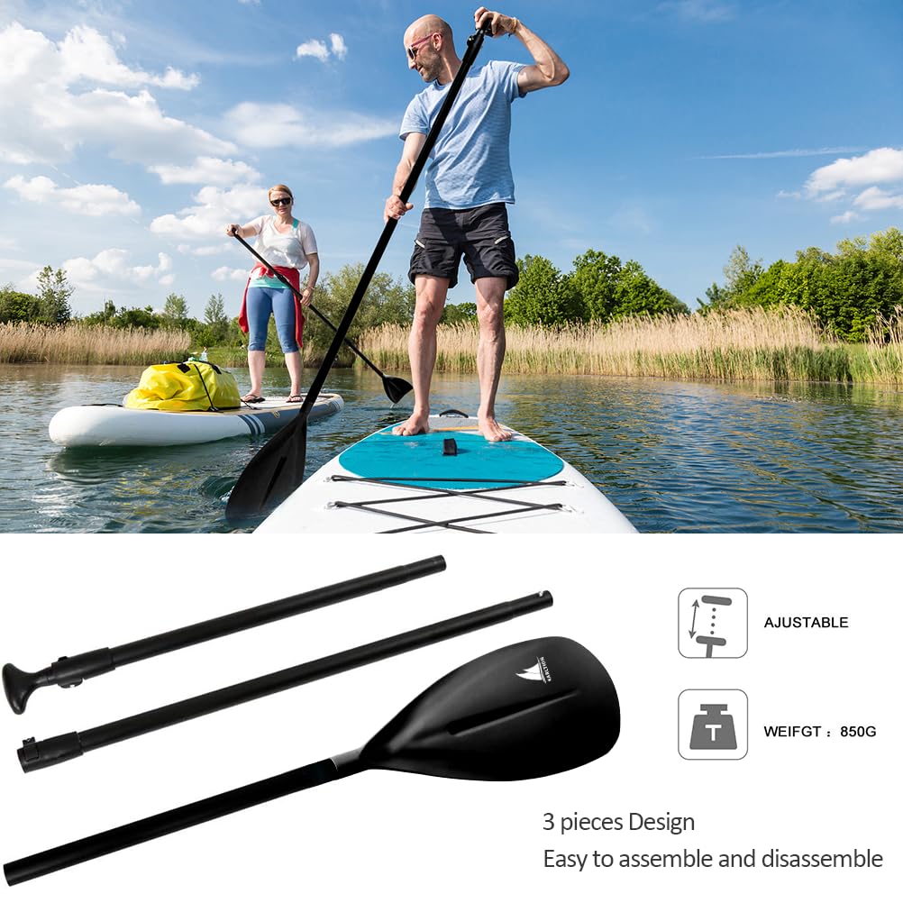 Karltion SUP wiosło – 3 sztuki regulowanych łopatek ze stopu aluminium SUP, łopatki do desek wiosłowych z ostrzem z włókna szklanego do surfingu, pływania, sportów wodnych – czarne