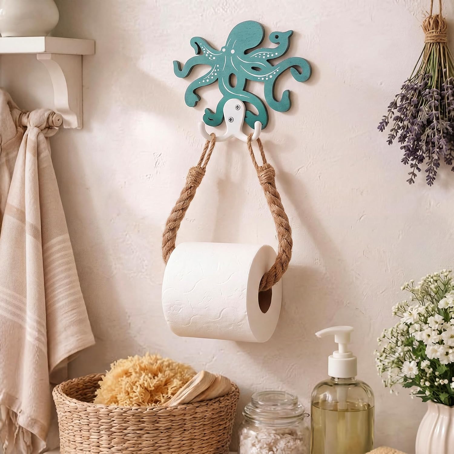 AceOrbit Blue Metal Wood Octopus Coastal Toilet Paper Holder Nautical Rustic Rope Toilet Paper Holder Wallmounted Towel Ring with Metal Wood Hook Ocean Sea Beach Themed Bathroom Decor