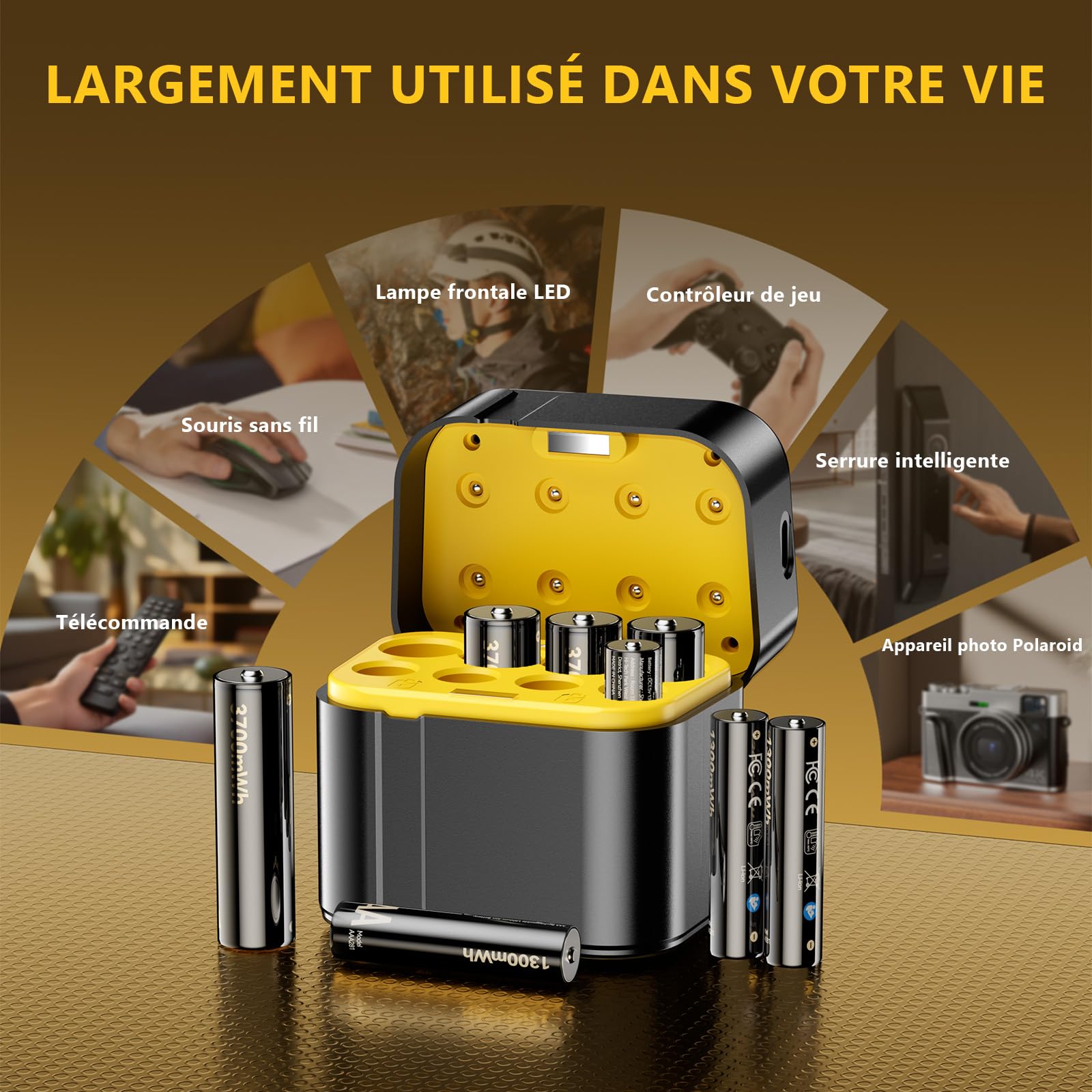 Piles au Lithium Rechargeables avec Chargeur (4 piles AA + 4 piles AAA), Organisateur de batterie, 3700 mWh Haute Capacité - 2500 Cycles Longue Durée - Chargeur Rapide Inclus